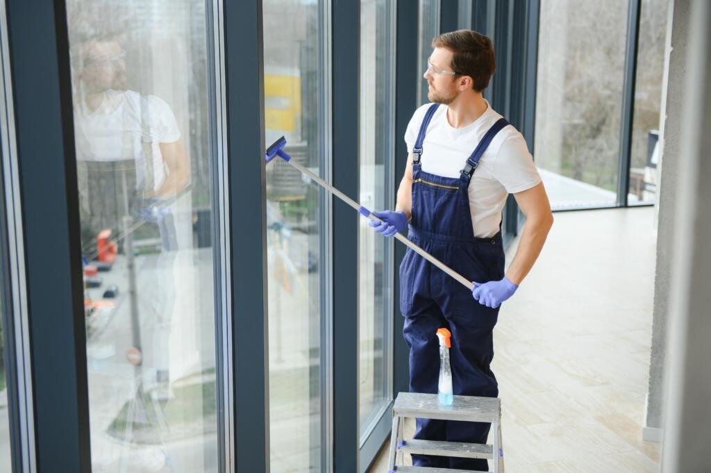 an employee of a professional cleaning service washes the glass of the windows of the building. showcase cleaning for shops and businesses.