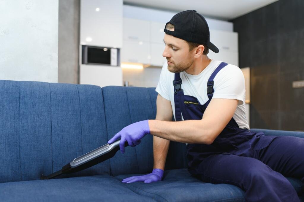 cleaning service. man janitor in gloves and uniform vacuum clean sofa with professional equipment.