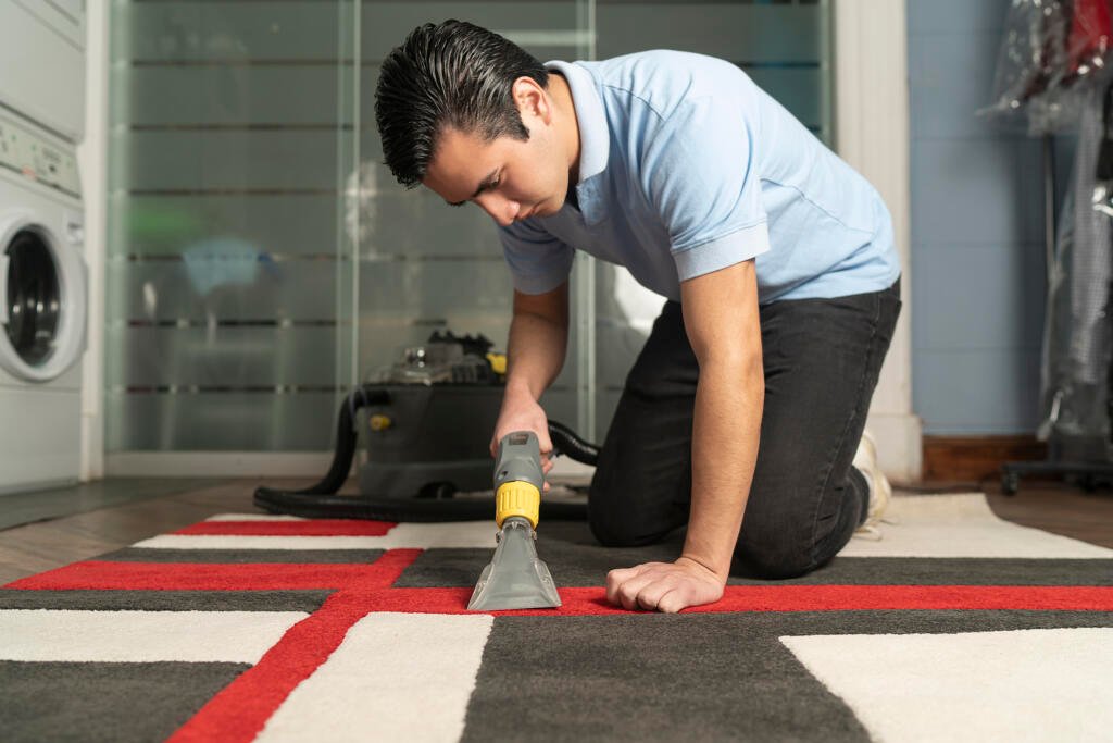 laundry worker cleaning carpet with special equipment